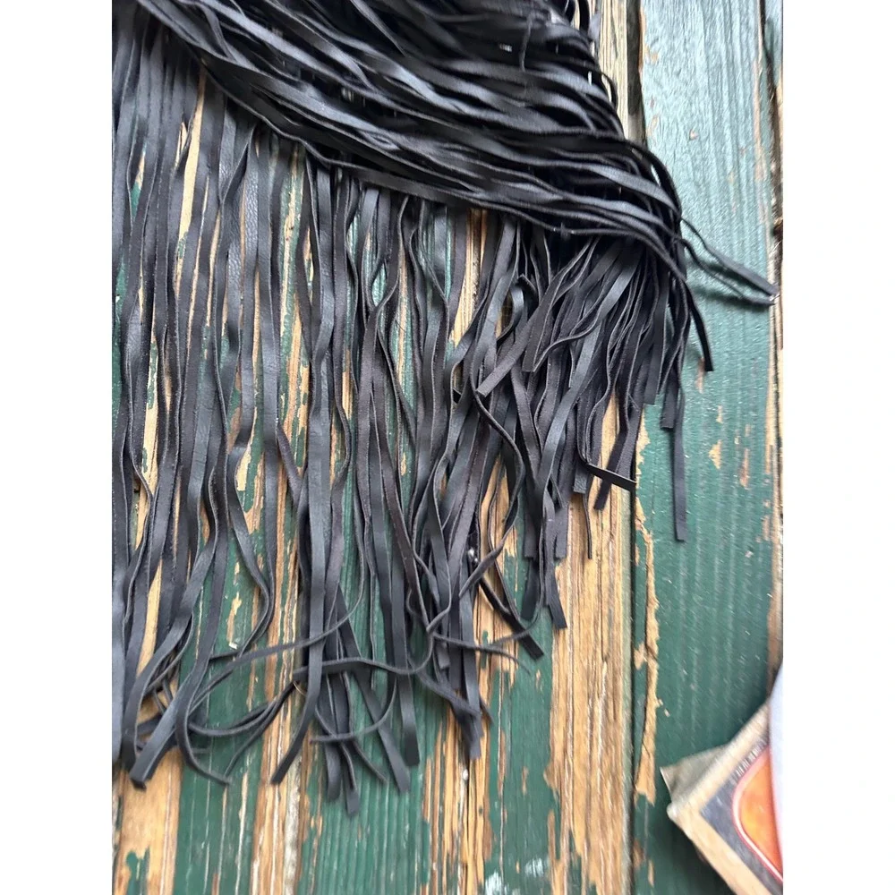 Black Faux Leather Long Fringe Tassel Statement Belt PB-6410 Western Boho